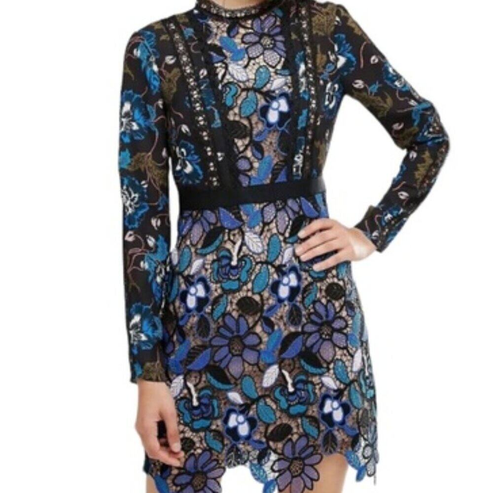 Self-Portrait Black Blue Floral Lace Long Sleeve Cocktail Mini Dress Size 6